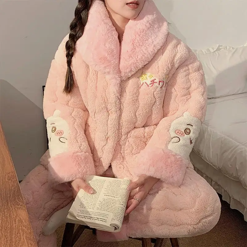 Hot Miniso Coral Fleece Fur Collar Thickening Three Layer Cotton Pajama Set Kawaii Chiikawa Girl Winter Keep Warm Home Clothes