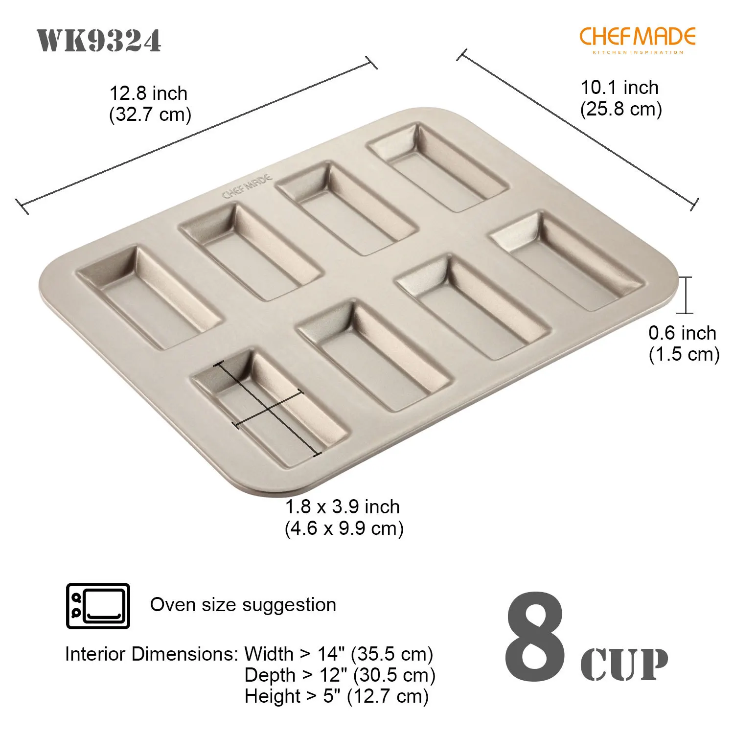 

CHEF MADE Gold 8-piece Non Stick Rectangular Fernand Snow Cake Mold Bread Cookies Biscuit Mold Baking Mold