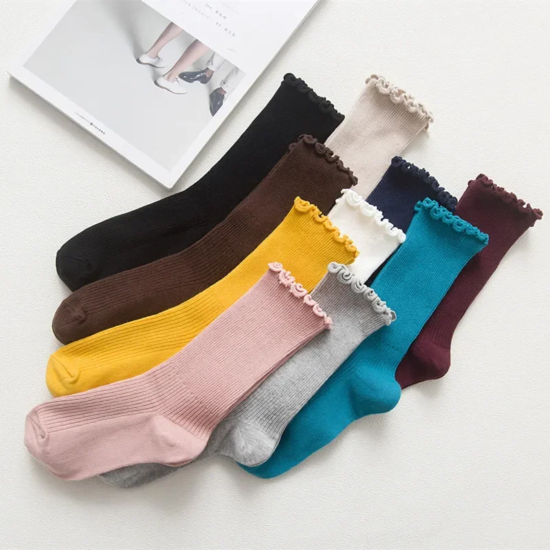 1/3/5 Pairs Women‘s Lace Trim Ruffle Socks Cotton Stacked Socks Mid Calf Solid Color Kawaii Vintage Princess Socks Spring Autumn