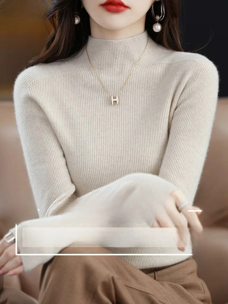 카메레 니트 스웨터 여성 슬림핏 베이스 레이어 가을 겨울 신상 하이 칼라 울 스웨터 출퇴근용