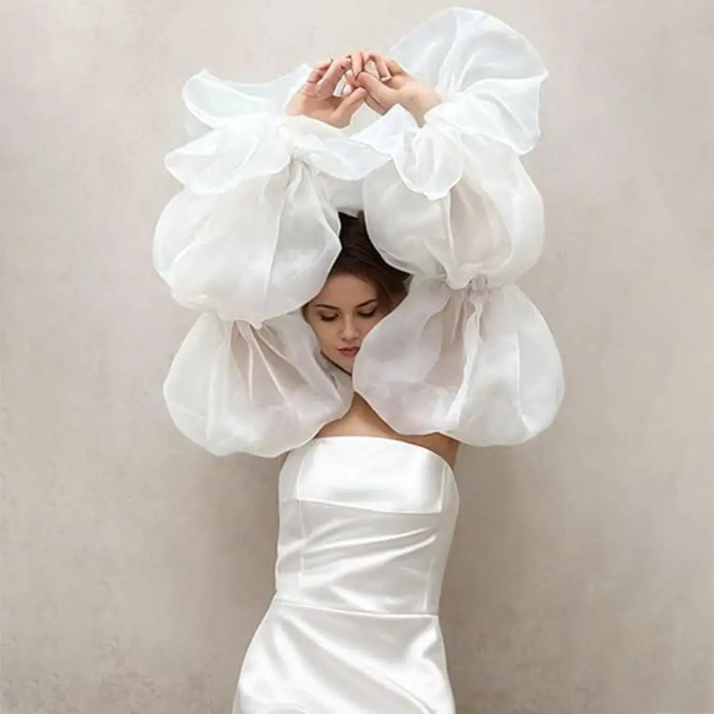 Elegant Puff Wedding Arm Sleeves Bowknot Evening Dress Decor Bride Detachable Sleeves Sweet Ruffles Sheer Cover Sleeves Banquet