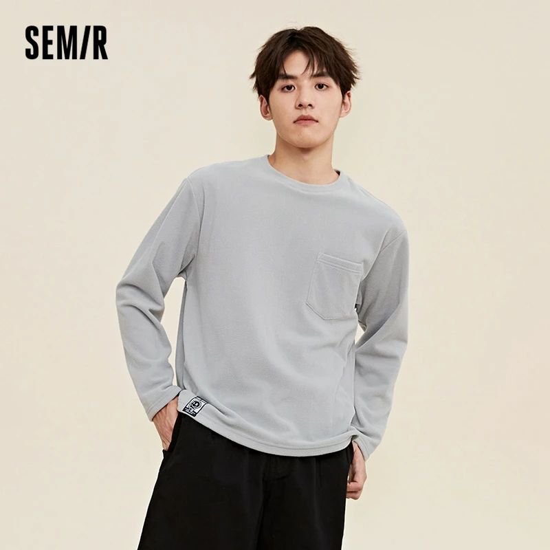 Semir Long-Sleeved T-Shirt Men Simple Solid Color Spring Polar Fleece Plus Velvet Round Neck Long-Sleeved Shirt