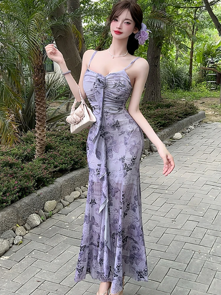 Frauen Grün Print Mesh Chic Rüschen Langes Kleid Sommer Elegante Schlinge Sexy Kleid 2025, Koreanische Mode, Figurbetontes Casual Urlaub Kleid