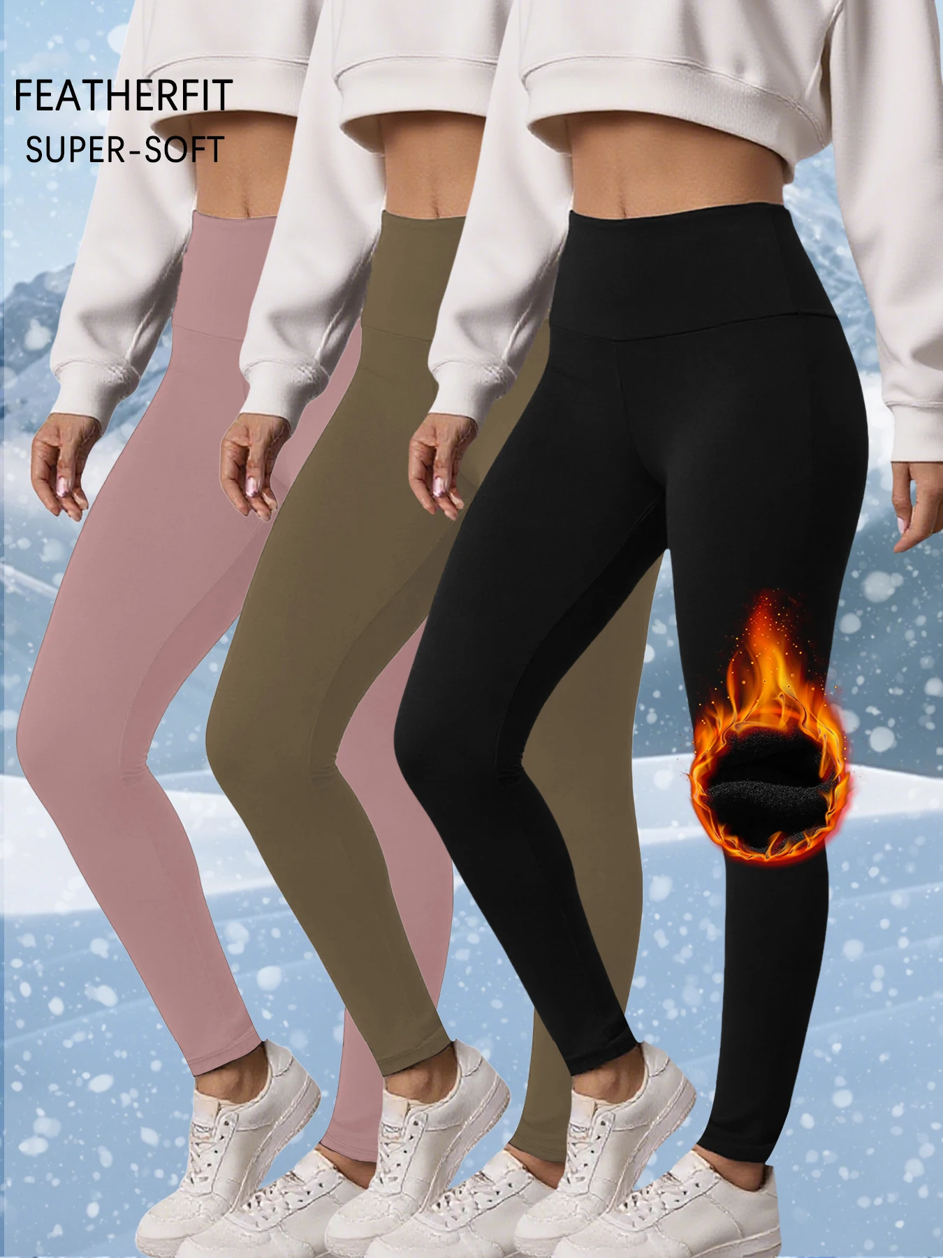 3 عبوات من سراويل اليوغا النسائية المبطنة بالصوف الحراري عالية الخصر للتمرين في الشتاء الدافئ السميك #1