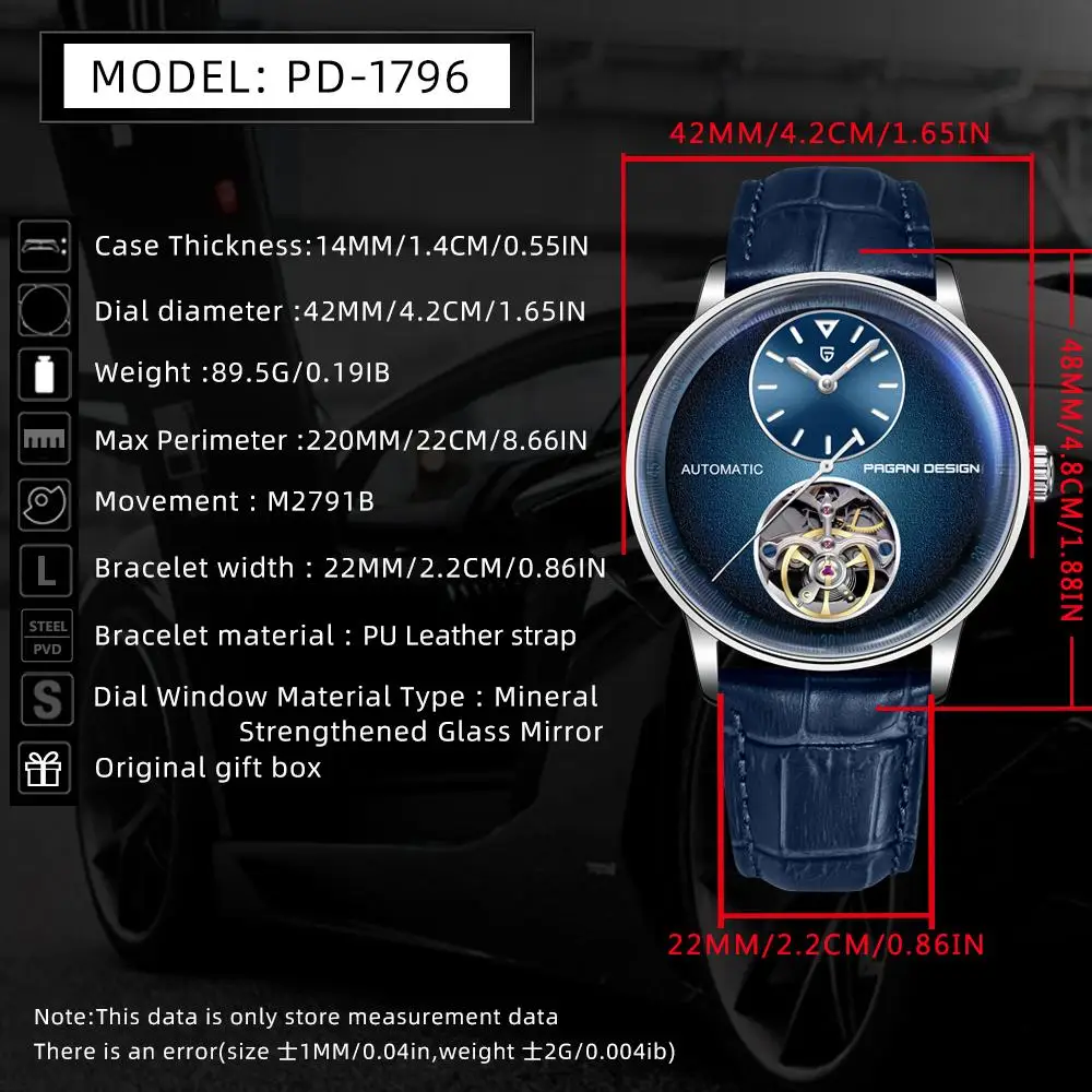Reloj Mecánico PAGANI DESIGN 2025 de 42mm, reloj Tourbillon con movimiento automático, correa de cuero PU resistente al agua de 100m de acero inoxidable