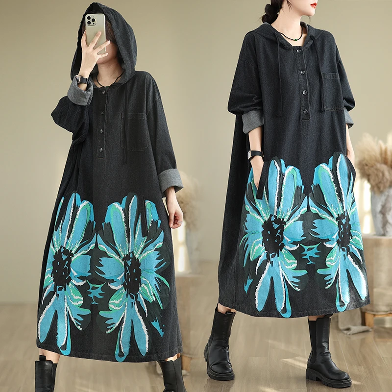 

Artistic Painting Denim Dr Women's plus Size Loose Casual Hooded Long Sve Denim Jaet Autumn New Arrival Commute Sle