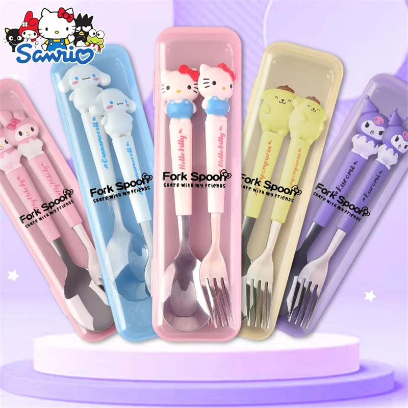 

Sanrio Cartoon Hello Kitty Tableware Kawaii My Melody Kuromi Stainless Steel Two-Piece Set Fork Spoon Children's Gifts