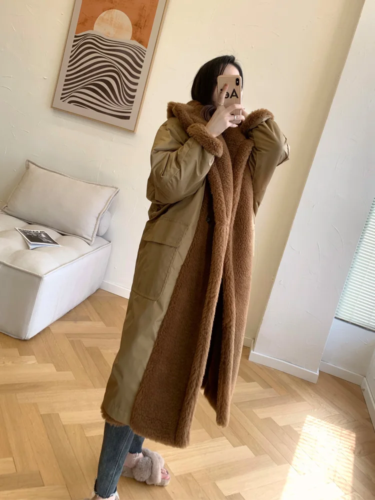 1951 Commemorative Edition Two Sides Wear Teddy Bear Long Tobacco Fur Coat Silhouette Female Elegance Delicate Temperament