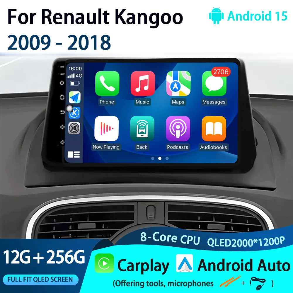 Car Radio Carplay For Renault Kangoo  2009 - 2018 Navigation GPS Multimedia Player Android Auto Stereo No 2din Android 15