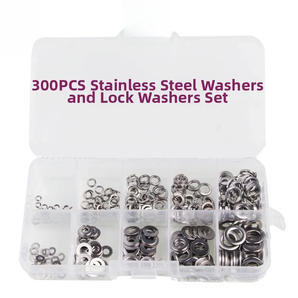 300 Piece Washer Assortment In 304 Stainless Steel Flat And Spring Types For M2 For M3 M5 M6 Fastening Solutions
