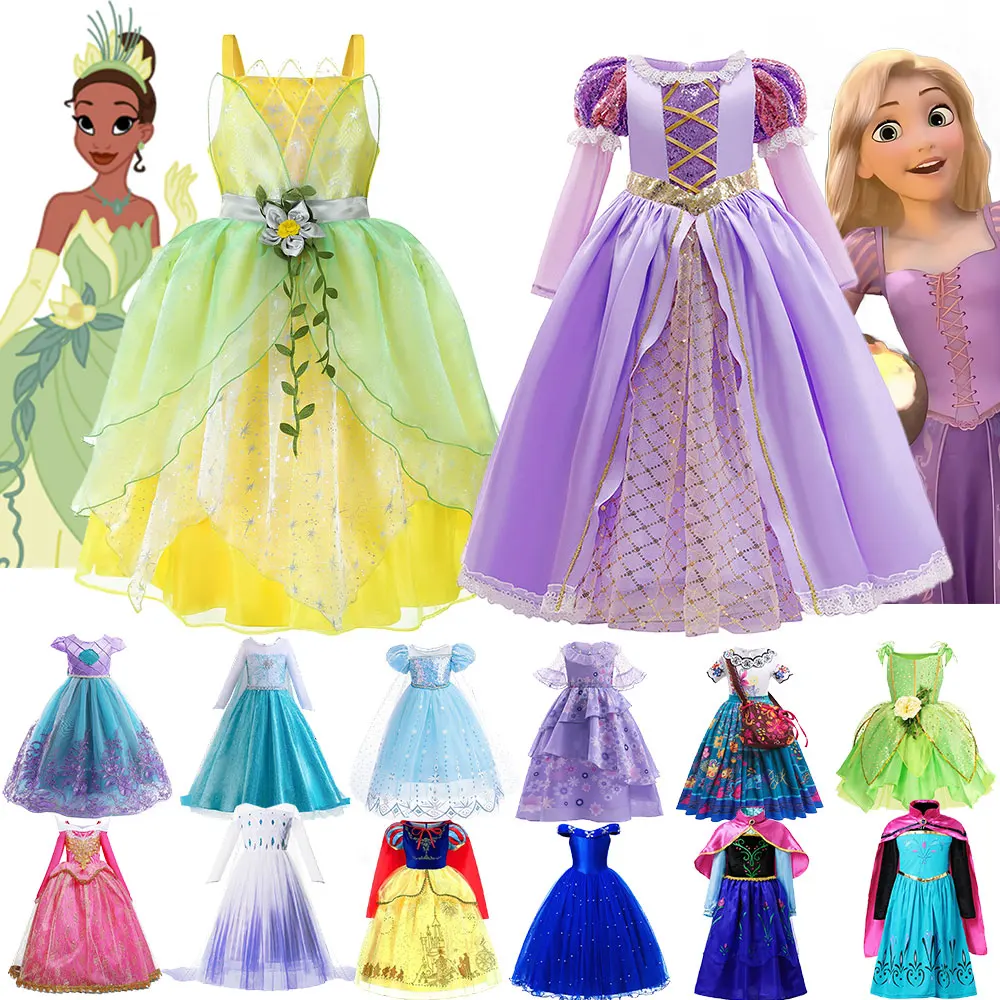 Beautiful and Cheap Princess Dress for Girls Birthday Party Kids Tiana Rapunzel Costume Moana Cosplay Halloween Elsa Aurora Gown