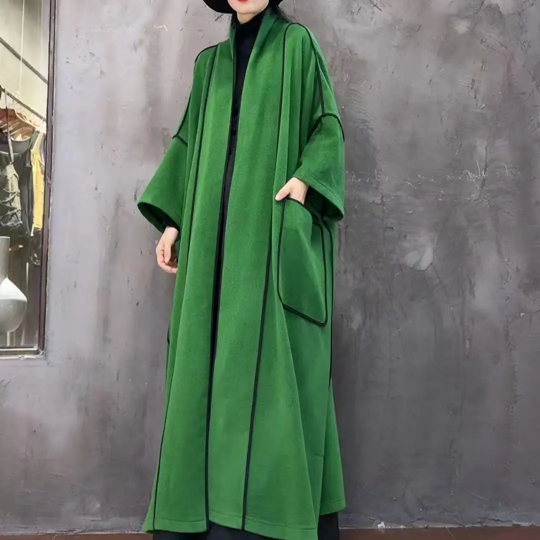 Vefadisa 2024 AutumnWinter New Green Women Wool Coat Stand Collar Batwing Sleeve Long Coat Simple Fashion All-match Coat ZXY854A