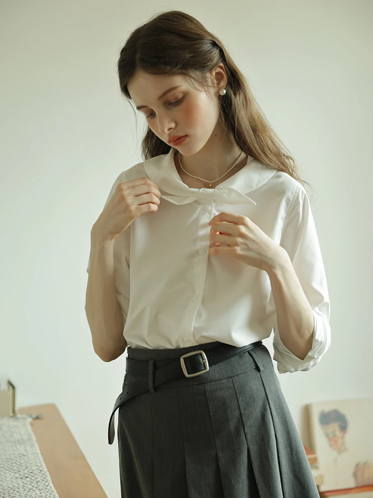 

Elegant Rabbit Ear Long Sleeve Shirt Women's Simple Commute Cotton Polyester Anti-Wrinkle Easy Care Inner Wear Spring New Style