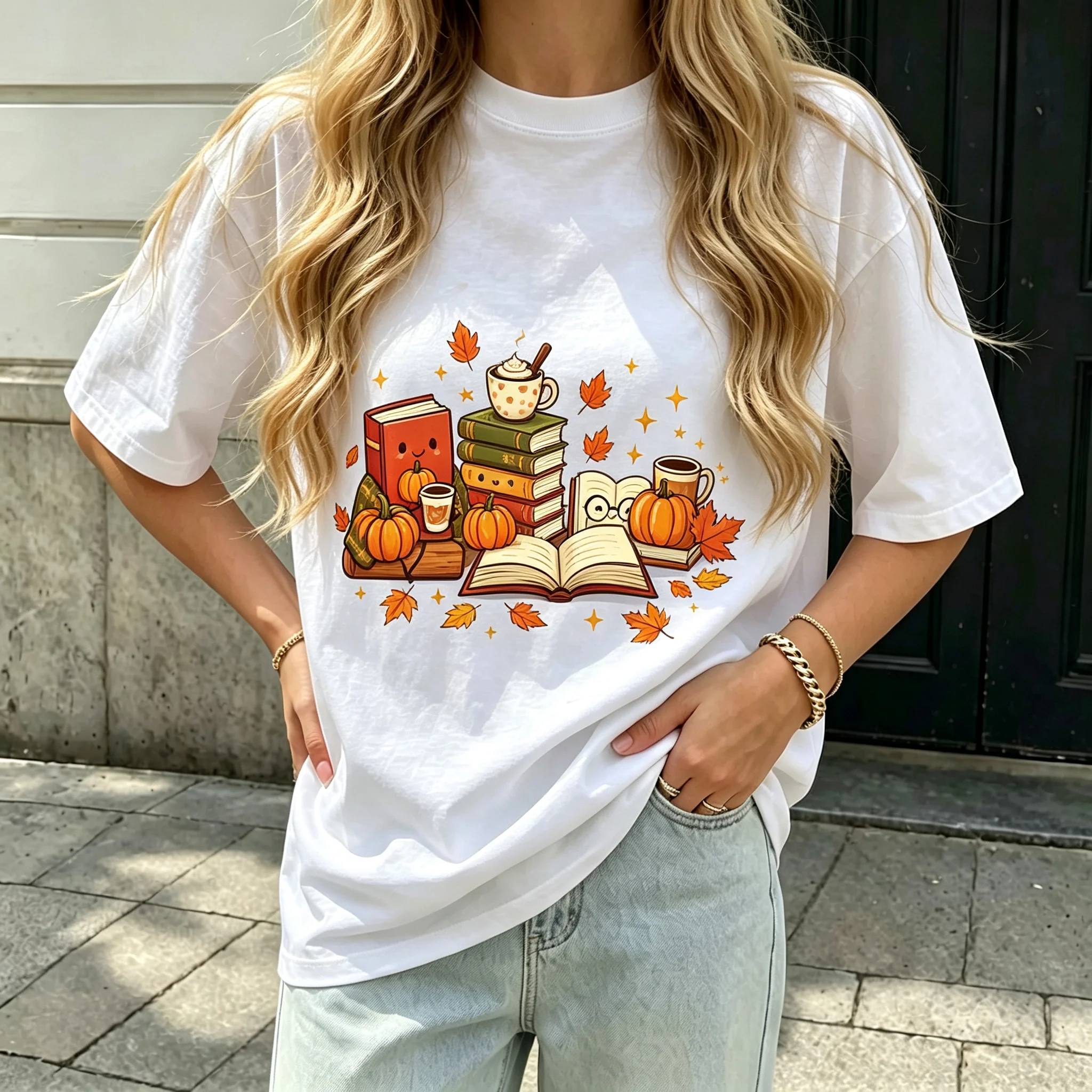 Cute Fall Book Print Women T‑Shirt Autumn Maple Leaf Short Sleeve O‑Neck Casual Loose Tee Book Lover Reading Fan Daily Tops