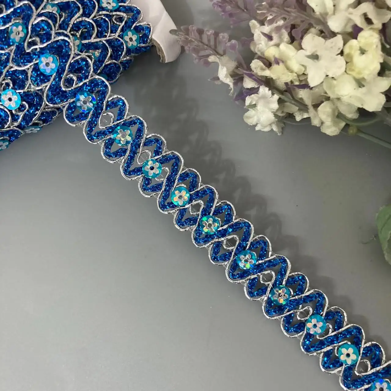 1 Meters Sky Blue Sequin Wave Gold Glitter Lace Trims Filigree S-Shaped Bead Webbing Dance Craft Accessories 1.8cm Sewing