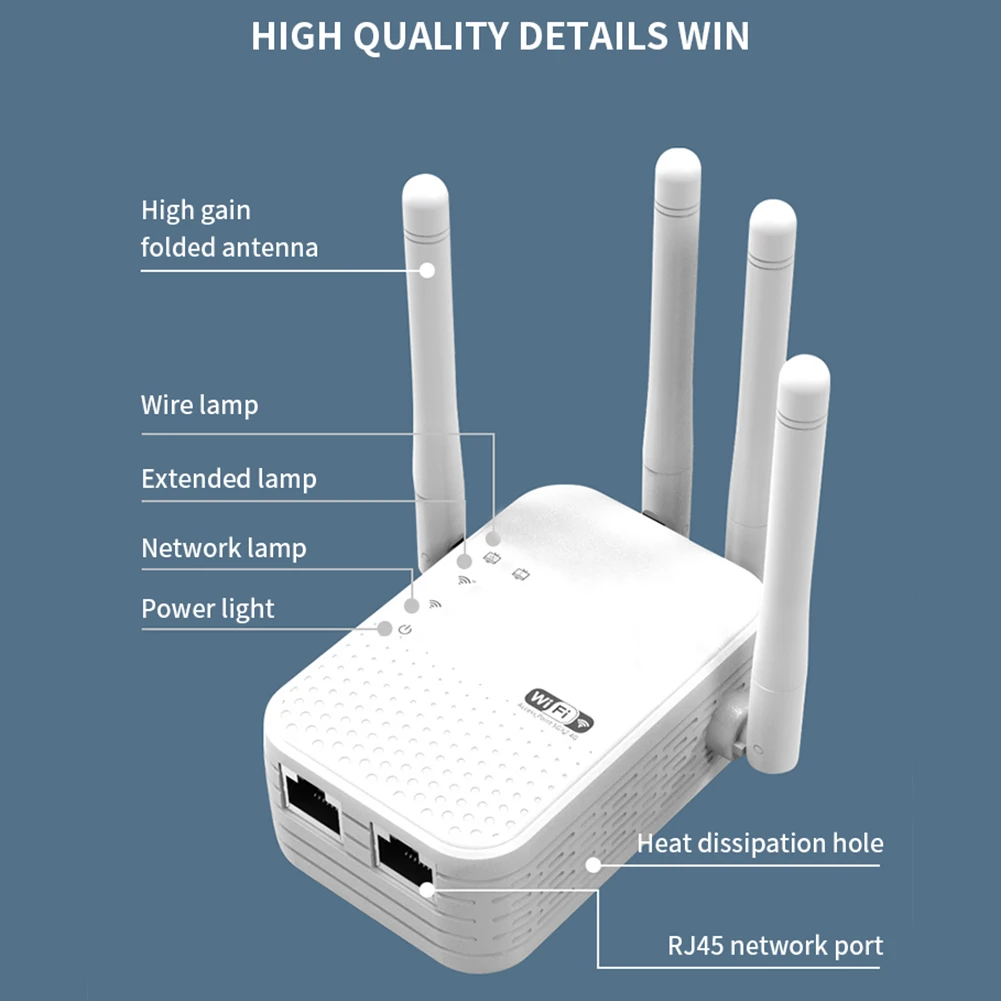 معزز إشارة WiFi بسرعة 1200 ميجابت في الثانية و4 هوائيات خارجية 5 جيجا هرتز و2.4 جيجا هرتز موسع إنترنت ثنائي النطاق للمنزل
