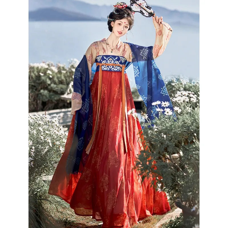 Tang-made restored chest-length chest-length skirt, national style embroidery, spring and summer blue and white porcelain