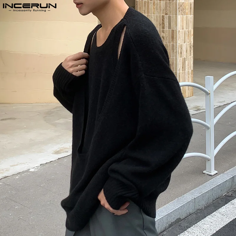 2024 Men Sweaters Hollow Out Sexy O-neck Long Sleeve Irregular Pullovers Streetwear Solid Fashion Casual Men Clothing INCERUN