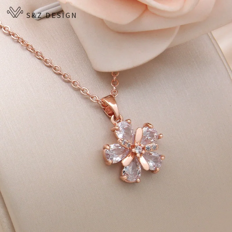 

S&Z DESIGN New Fashion Rose Gold Color Flowers Pendant Necklace For Women Cubic Zirconia Jewelry Daily Accessories Romantic Gift