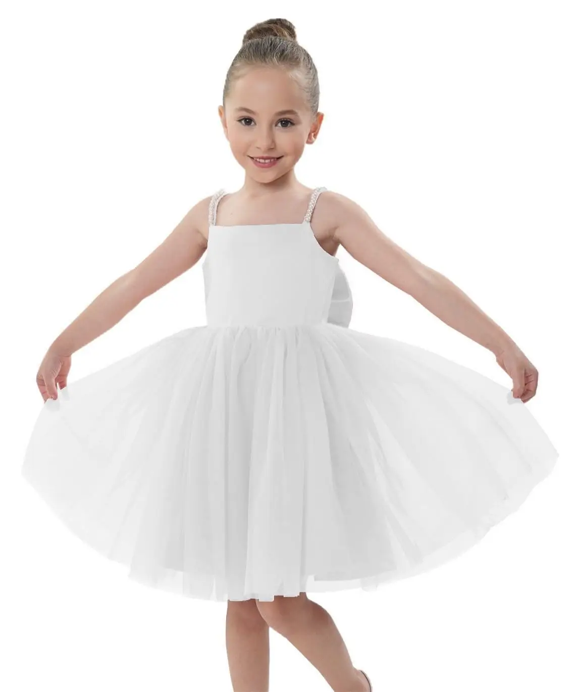 

Girl Toddler Satin A-Line Pearl Strap Bow Tulle Flower Girl Dress【White】