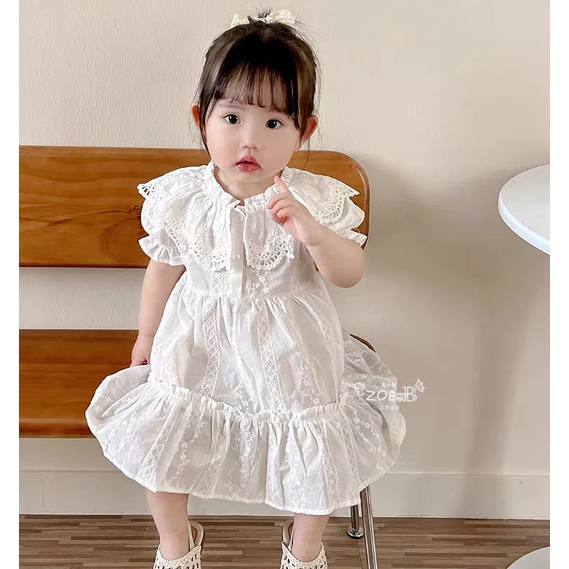 Sommer Neue Baby Mädchen Kleid Mädchen Süße Mädchen Kleid Rüschen Trim Party Prinzessin Kleid Spitze Kragen Ausgehen Casual Kleider Kleidung