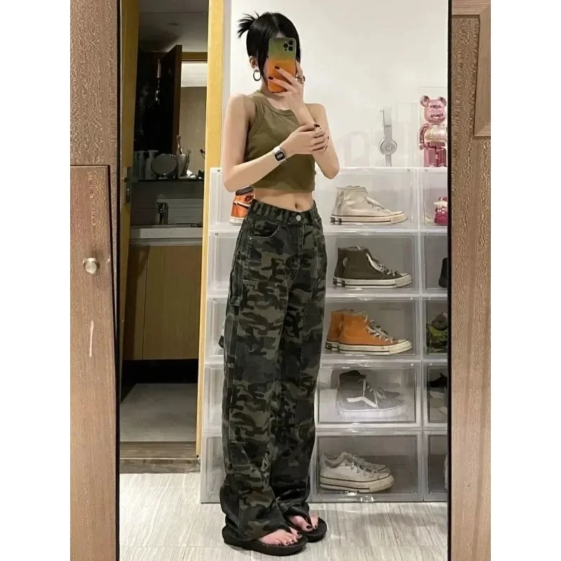 American Retro High-waisted Jeans Women's Winter Camouflage Design Sense Niche Straight Trousers Loose Wide-leg Trousers Fashion