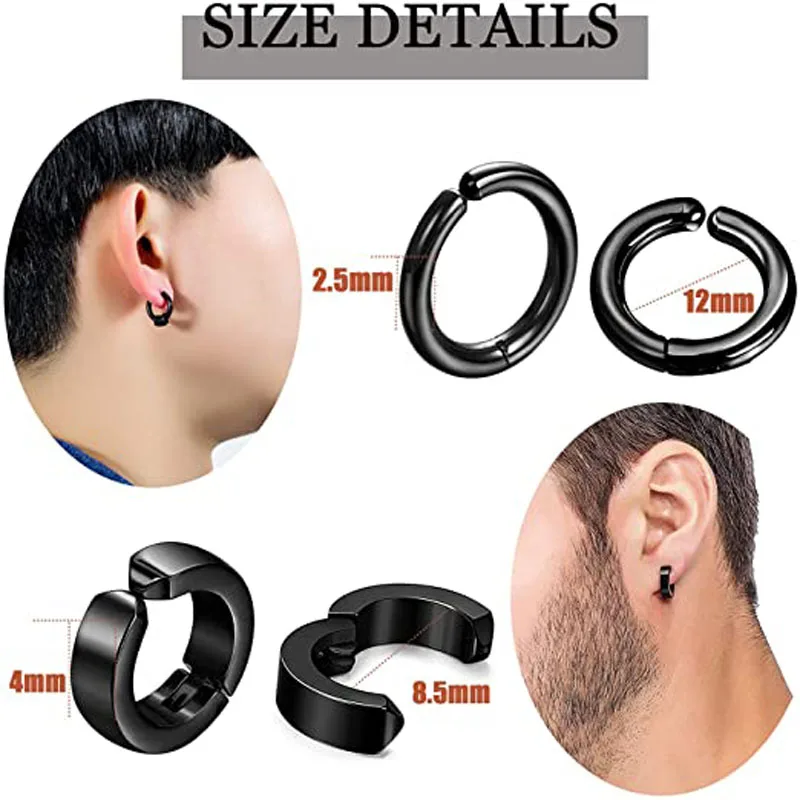 WKOUD 1-15 Pieces Clip On Earrings Set For Men Stainless Steel Black Fake Piercing Mens Hoop Non-piercing Earrings