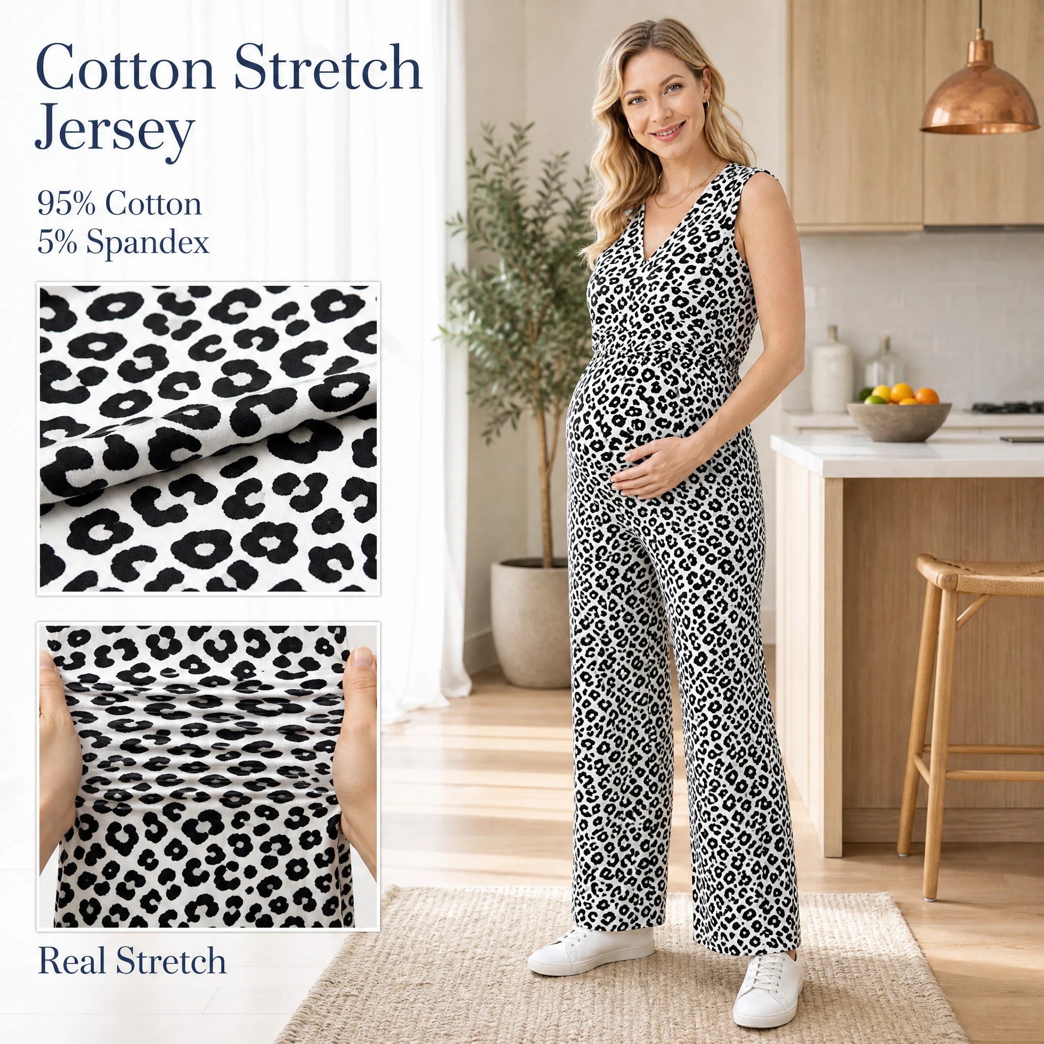 Leopard Print Sleeveless Maternity Nursing Jumpsuit V Neck Hidden Nursing Access Wide Leg Pregnancy Romper with Pockets