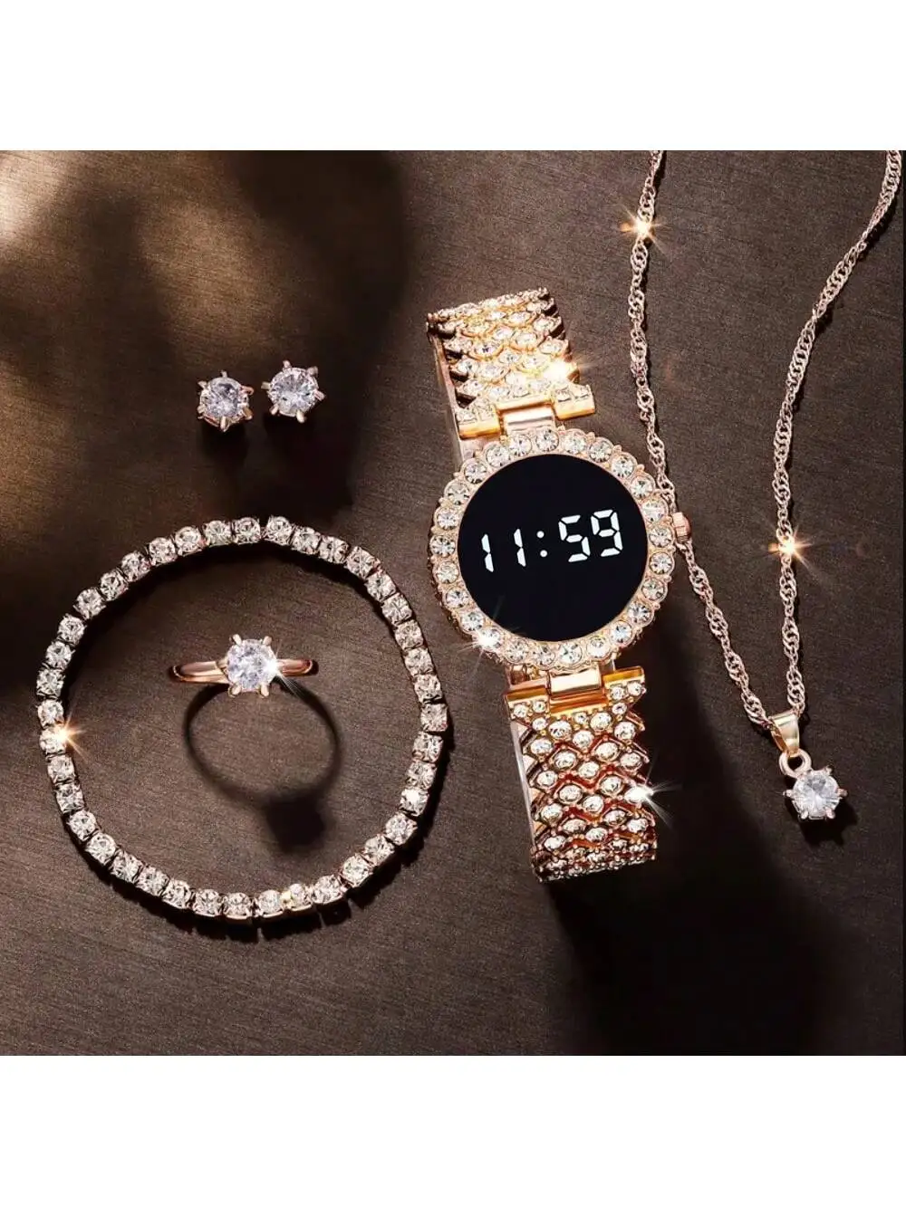 Women Digital Watch 5pcs Set  Fashion Casual Alloy Strap Led Watches FREE Bracelet Ring Necklace Earring