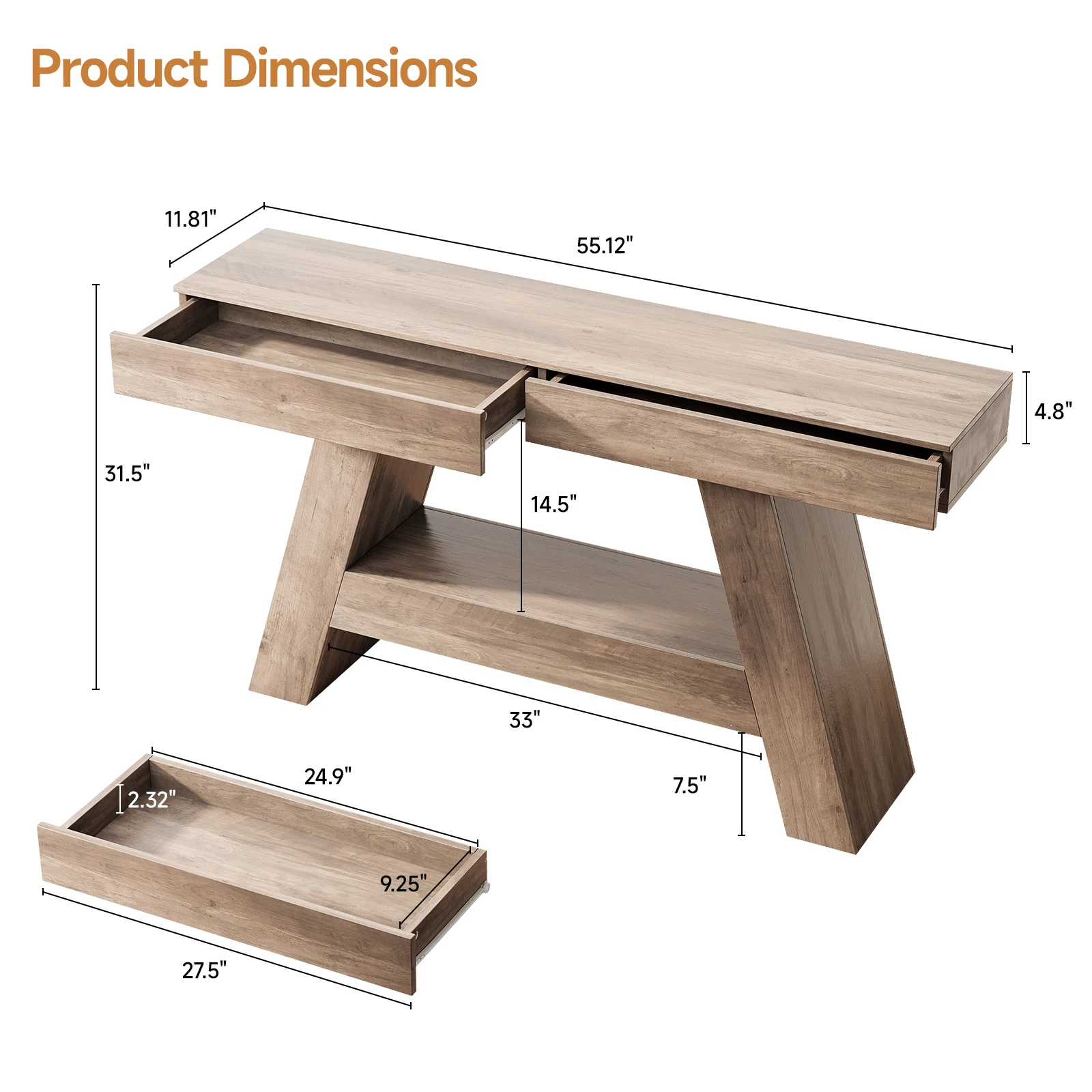 55 in Entryway Table, Narrow Hallway Console Table with Storage, A-Shaped Decor Behind The Couch, for Entry Way, Living Room