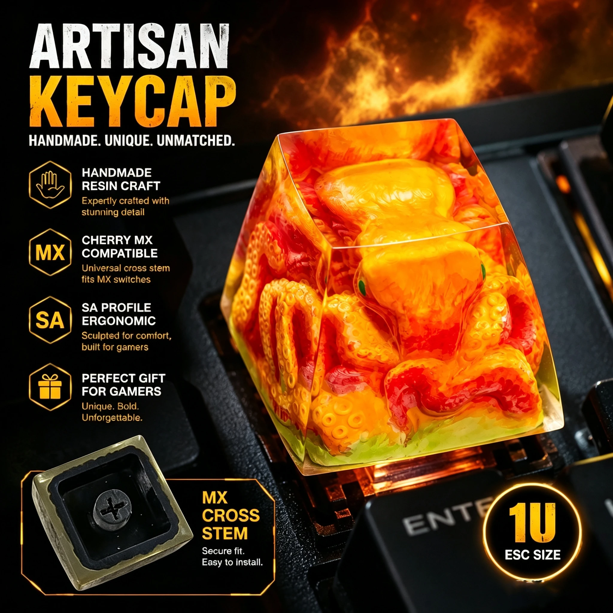STJORNEX Artisan Keycap Handmade Resin 1U SA Profile Cherry MX Mechanical Keyboard Octopus Red Orange Custom KeyCap