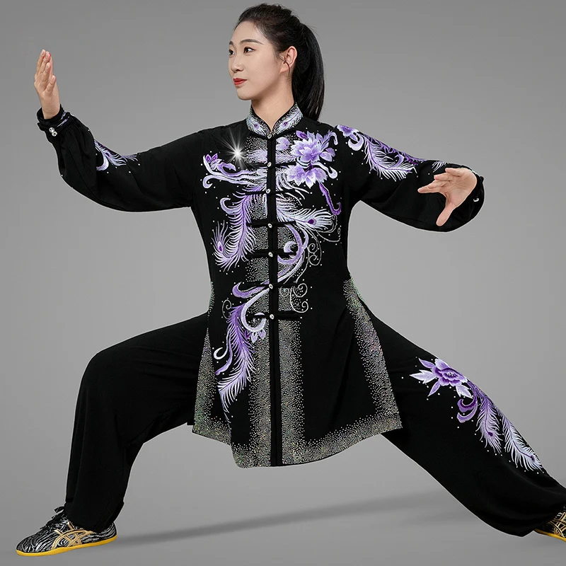 Custom Women's Black Embroidered Purple Feather Tai Chi Suit - High-End Rhinestone Double Silk Hemp Spring Summer Uniform