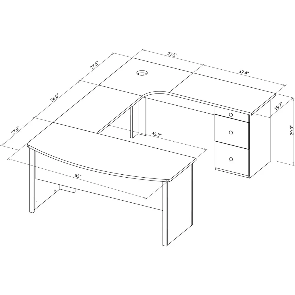 Mesa de canto executiva em forma de U de 65 W com acabamento em cerejeira da Realspace Broadstreet