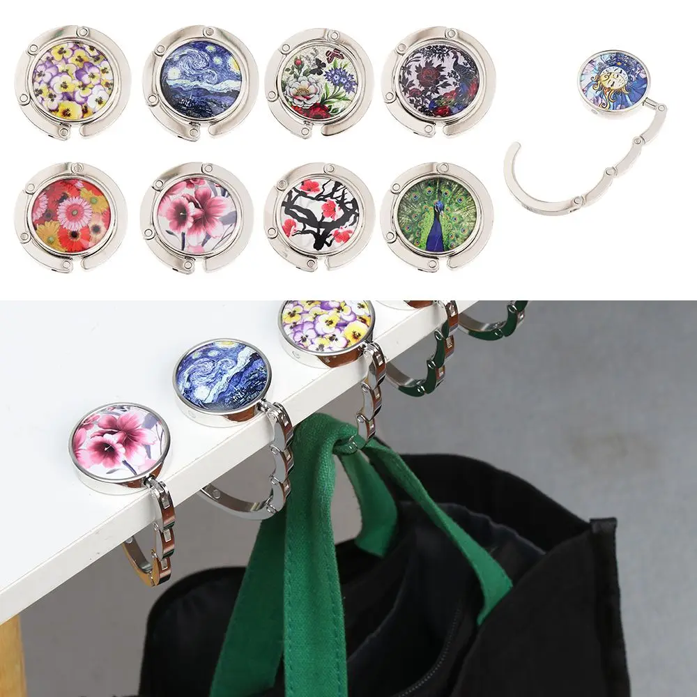 Oil Painting Style Folding Portable Travel Table Hanger Desk Hooks Table Bag Hook Purse Holder