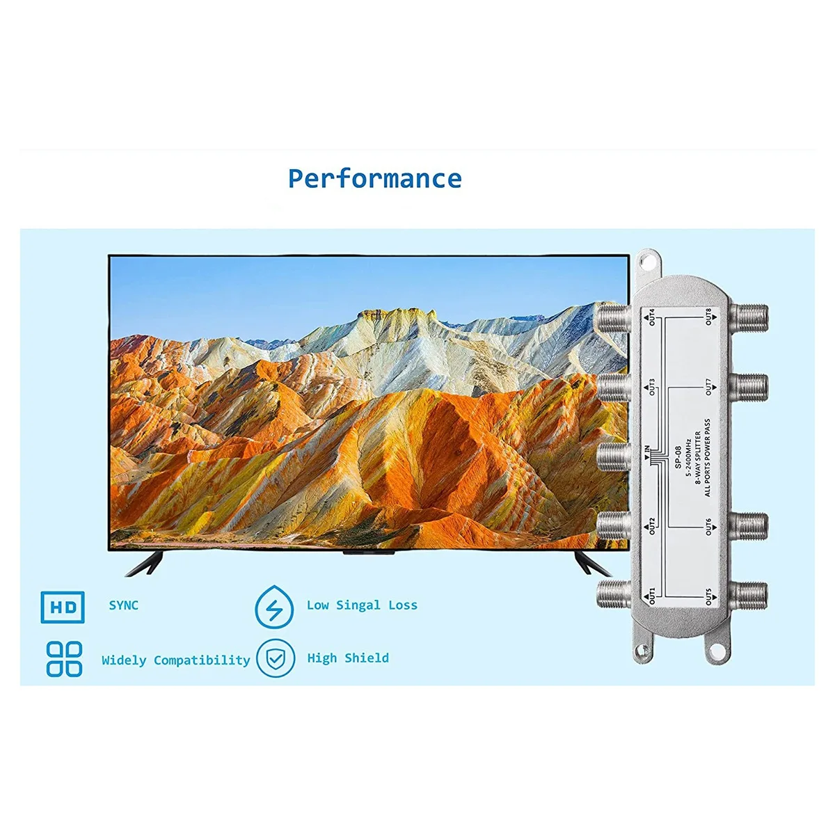 Digital 8 Way Coaxial Cable Splitter 5-2400MHz, RG6 Compatible, Work with Analog/Digital TV Connections and Internet HOT