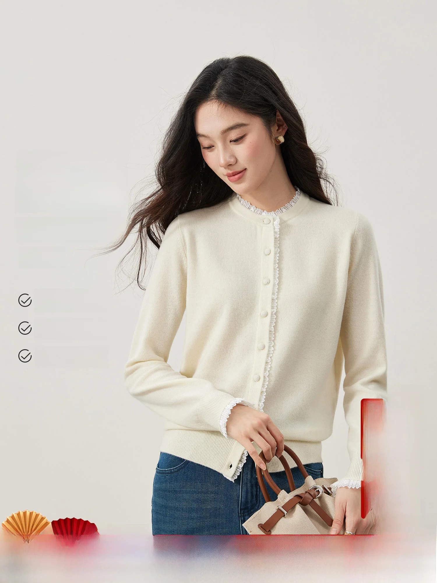 

Женский зимний вязаный кардиган из 100% шерсти с кружевной отделкой и круглым вырезом, мягкий и элегантный...