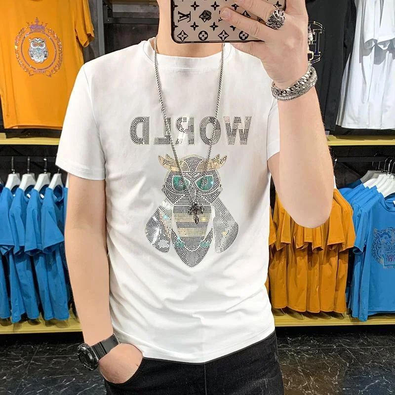 Top Graphic Clothing Hip Hop T Shirt for Men Rock Man Tee Shirts Rhinestones Streetwear Slim Fit Print Original Xl Cotton Basic