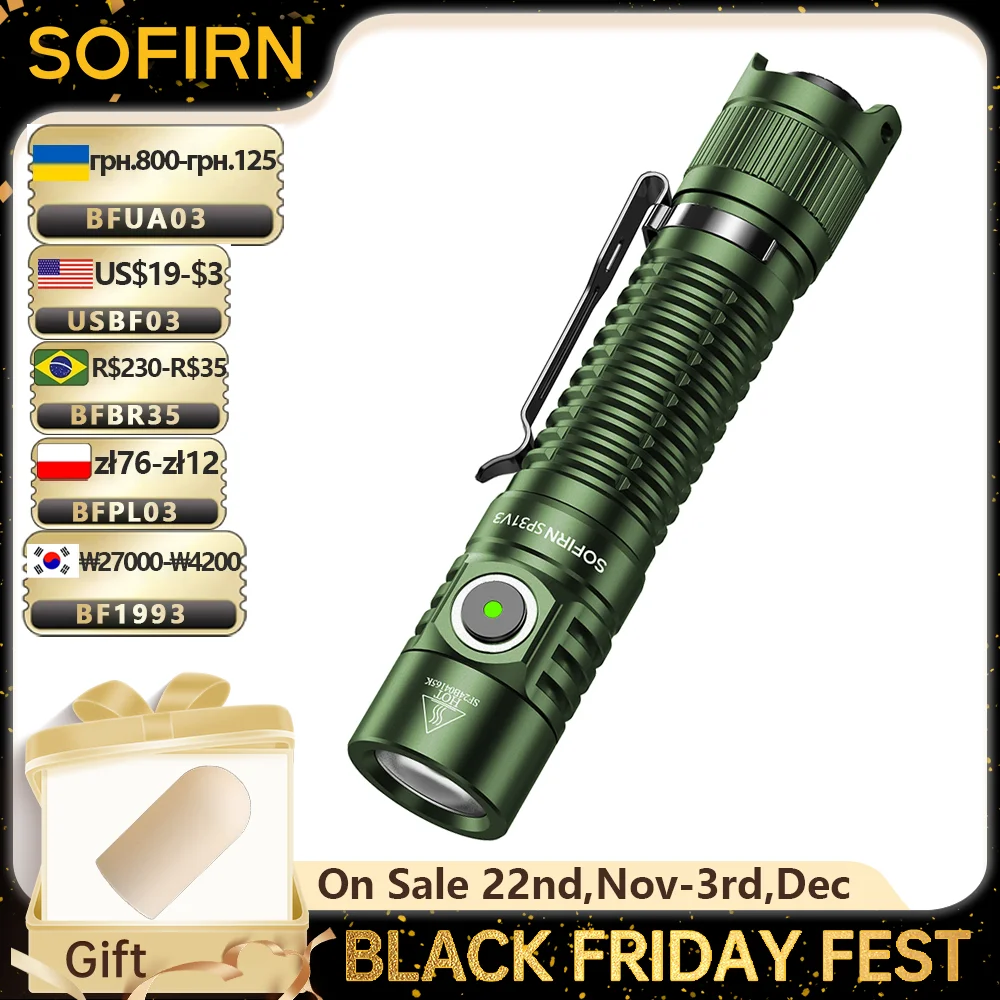 Sofirn SP31 V3.0 Green 1200lm 5000K 519A  LED Flashlight with Dual Switch USB C 18650 Rechargeable Power Indicator Torch