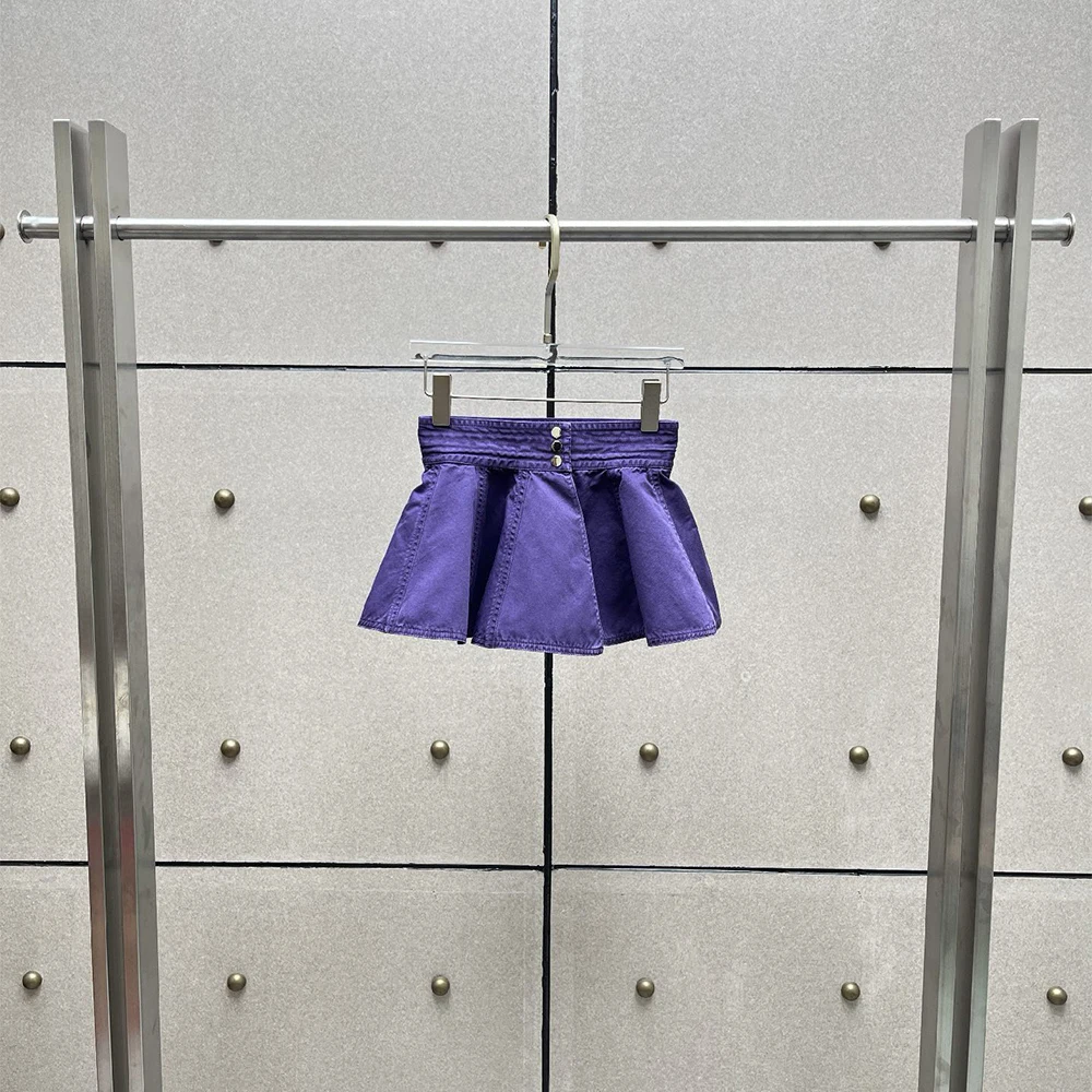 Womens 100% Cotton High Waist Flared Mini Skirt, Purple Button Decor A-line Short Skirt, Trendy Casual Ladies Summer Skirt