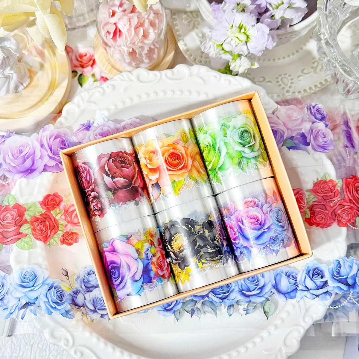 

6 rolls/box, Romantic flowers pattern PET sticker tape, DIY Clipbook, gift box and photo frame decoration, exquisite gift