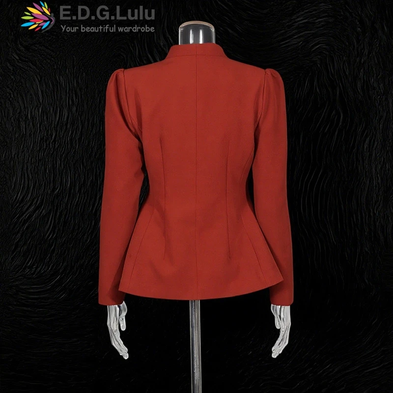 EDGLuLu Korean Fashion Women's Two Pieces Set V-Neck Long Sleeved Suit Jacket+Straight Leg Pants Red Suit 1205