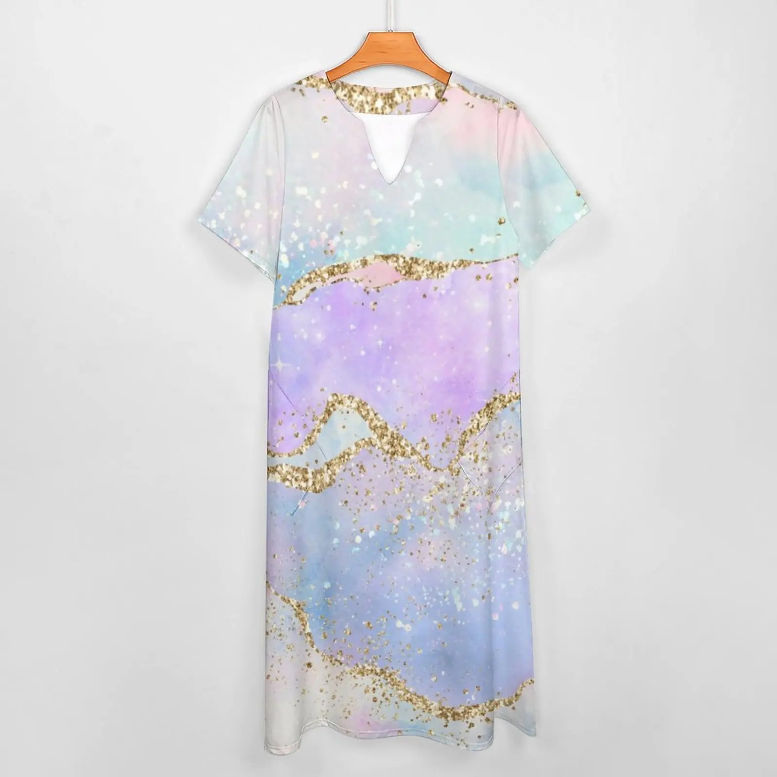 Elegant Marble Dress Glold Glitter Print Vintage Maxi Dress Short Sleeve Bohemia Long Dresses Korean Fashion Oversize Clothing