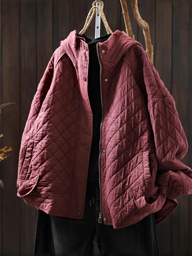 سميكة الدافئة مبطن معاطف النساء جديد وصول 2025 الشتاء أسلوب بسيط بلون فضفاض الإناث أساسيات جاكت مزود بغطاء للرأس M2101