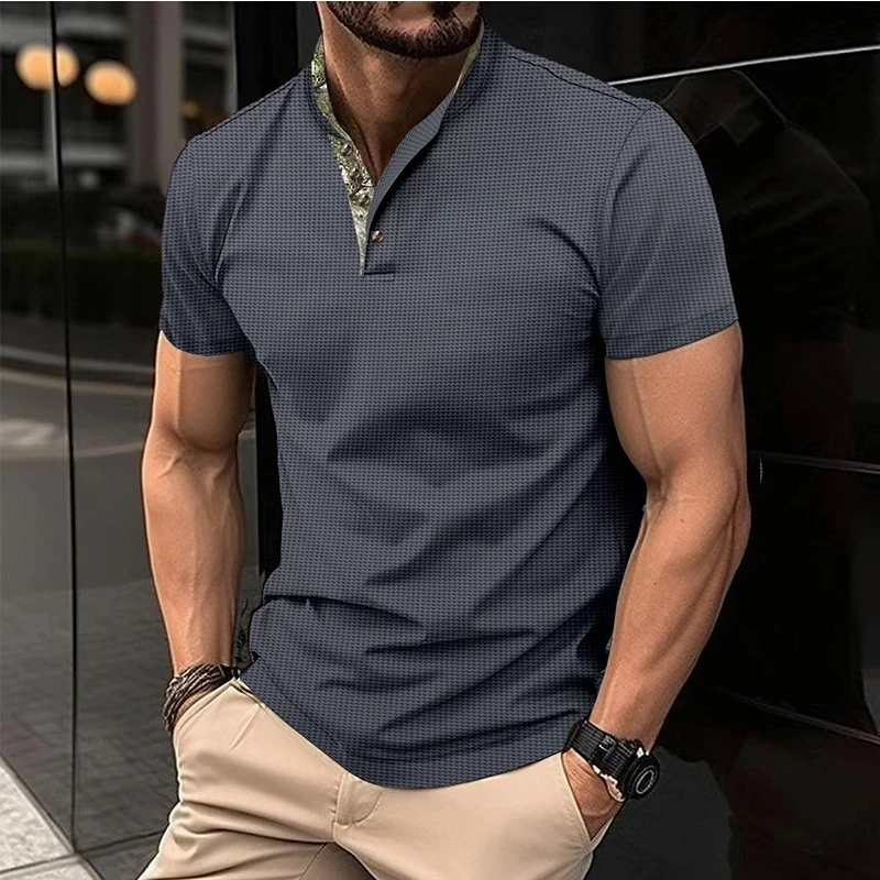 

Summer Men's Waffle Short Sleeve POLO Shirt Double Layer Standing Collar Casual Office Light Business Short Sleeve T-shirt