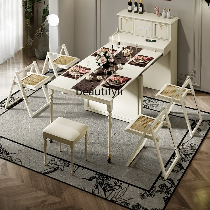 

Cream wind retractable island dining table integrated household French folding dining table and chair combination