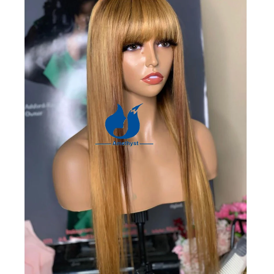 Amethyst #27 Blonde Color Straight Human Hair Wig With Bangs Remy Brazilian Hair Scalp Top Full Machine Made Wig Natural Black