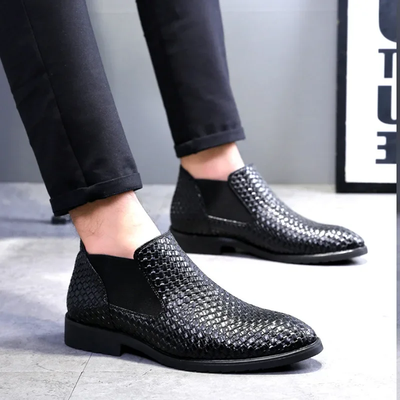 

Men Chelsea Boots Spring Autumn Hand Knit High help Style Waterproof Classic Fashion Leather Boots Men Shoes 38-48