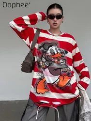 American Retro Contrasting Stripes Cartoon Duck Ripped Sweatshirts Women's Spring and Autumn New Loose Casual Round Neck Top