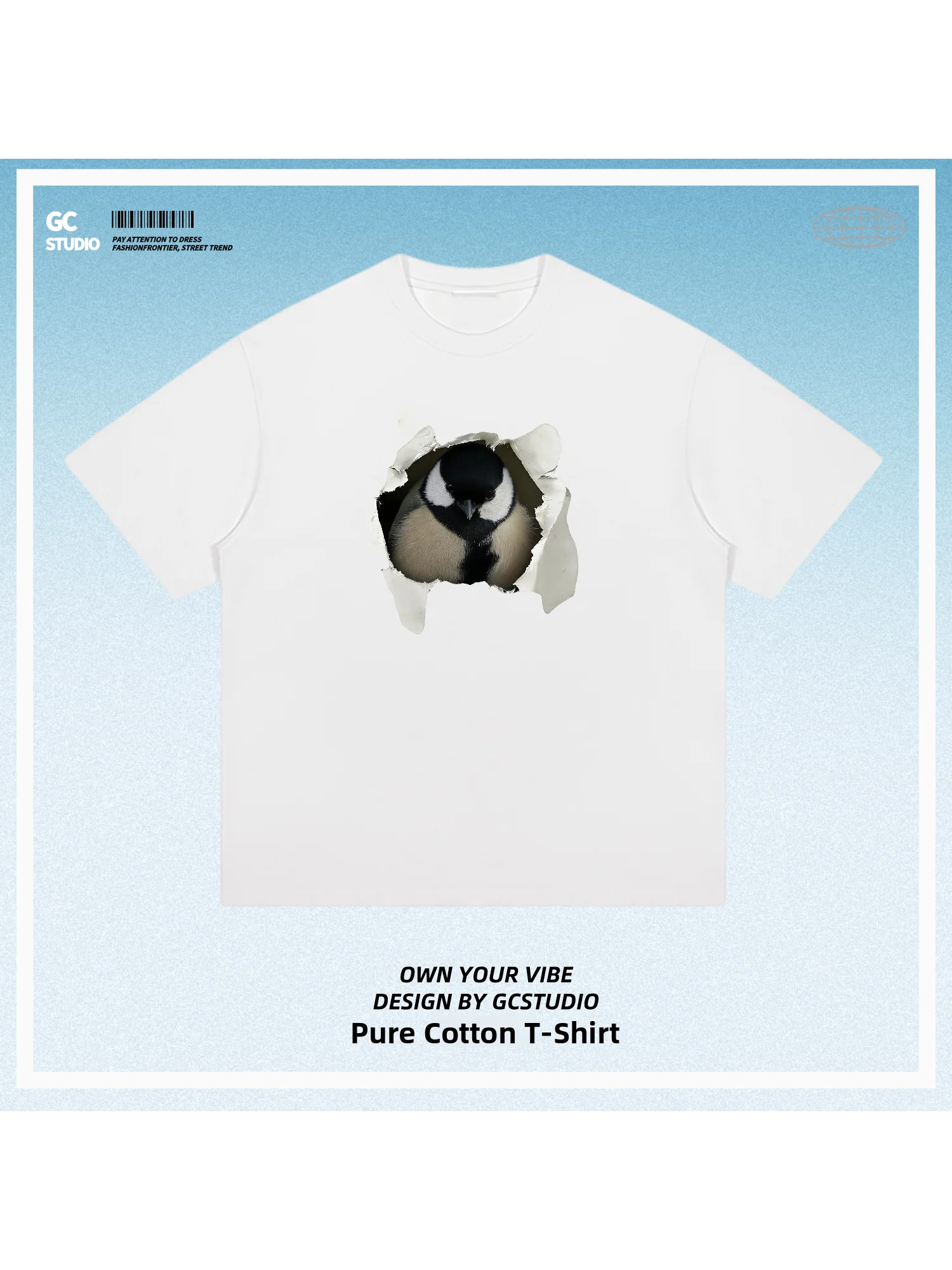 Loose Fit Pure Cotton Short Sleeve T-Shirt round Neck Printed Birdwatching Fun Design Hole Punch Couple's Guide Top