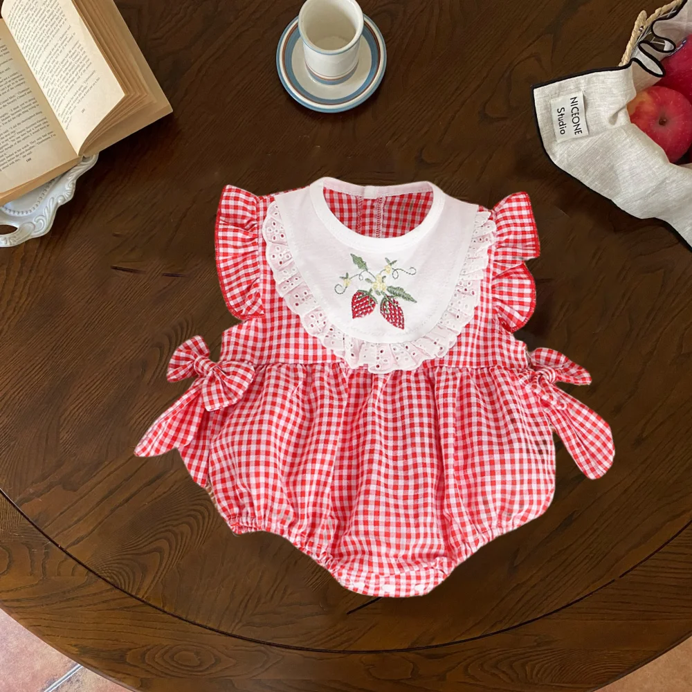 0-2Y Summer Baby Girls Clothes O Neck Baby Bodysuits Toddler Girls One Piece Strawberry Plaid Outfit